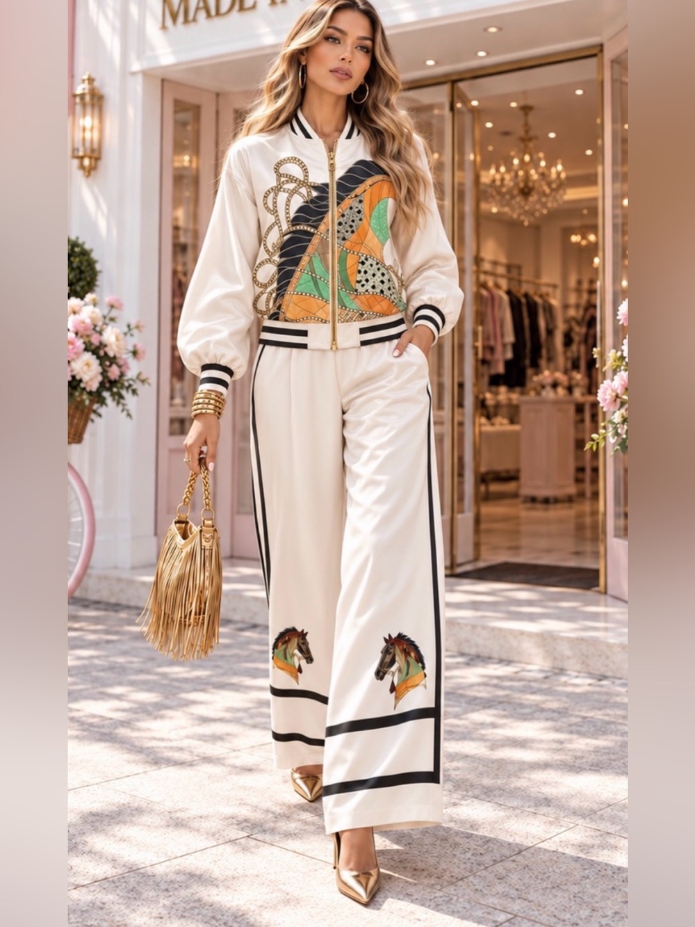 Cream Wide-Leg Track Pants with Horse Motif